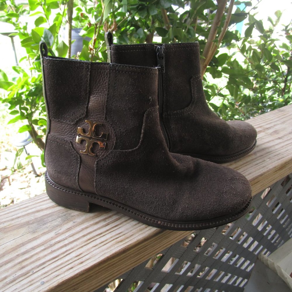 Tory Burch Brown Suede Ankle Booties with Gold Logo Accent - Picture 2 of 6